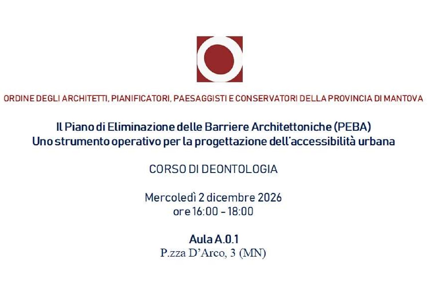 Corso di deontologia in presenza – 2 dicembre 2026